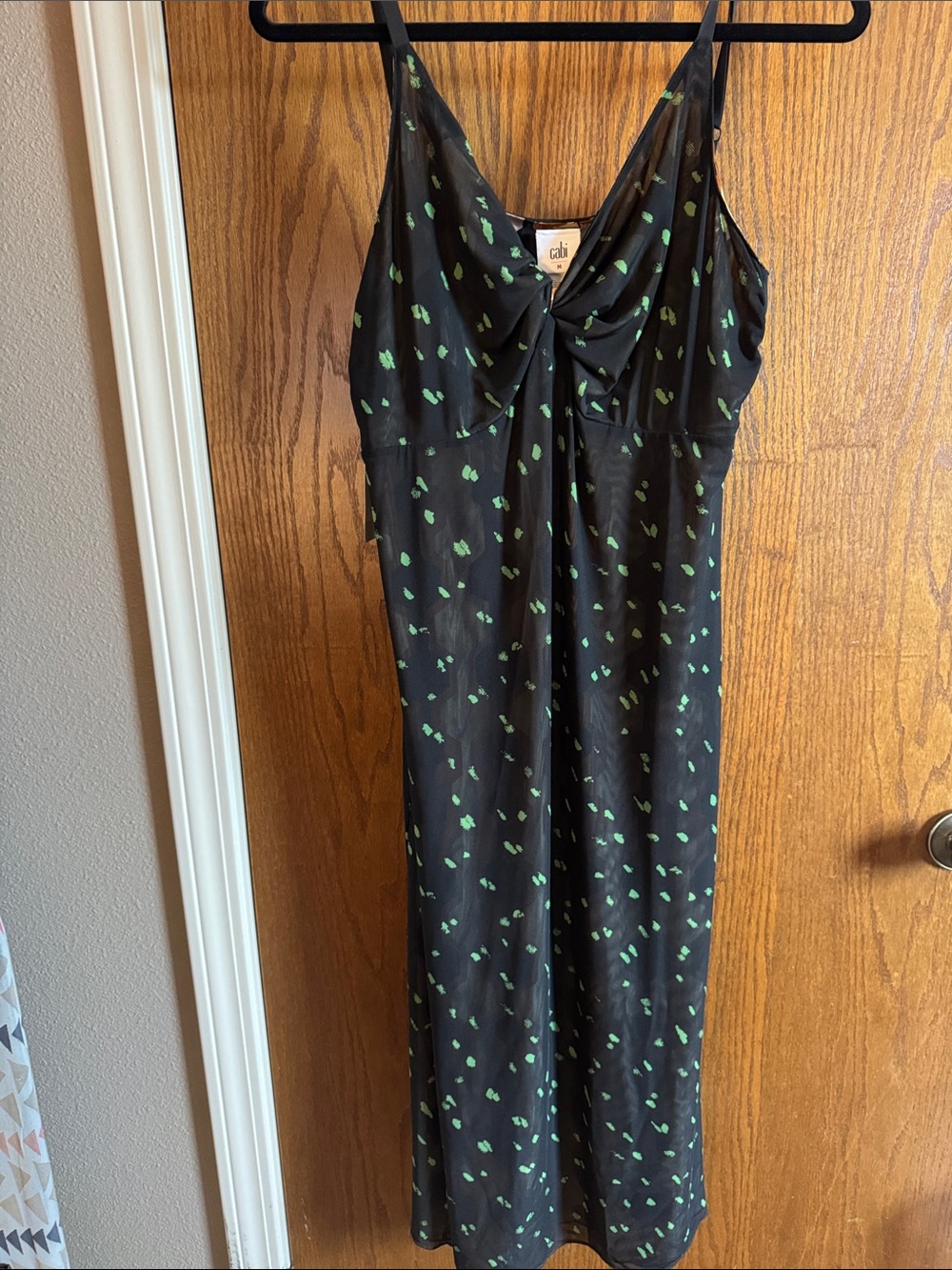 CAbi Black Maxi Dress with Green Dot Print REVERSIBLE